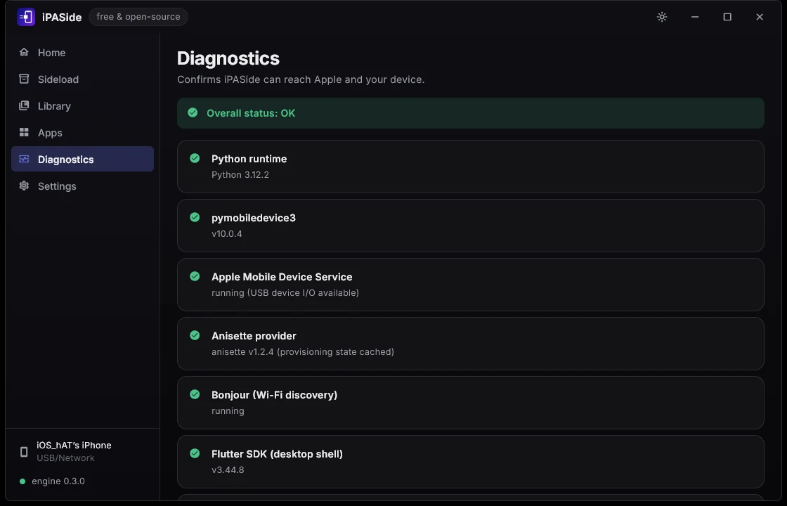 The Diagnostics screen: the state of Apple Mobile Device Service, the anisette provider, connected devices and the SDKs