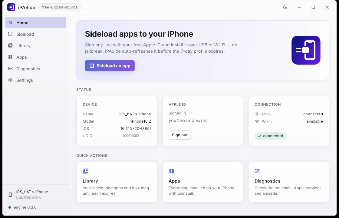 iPASide in its light theme, following the Windows system setting