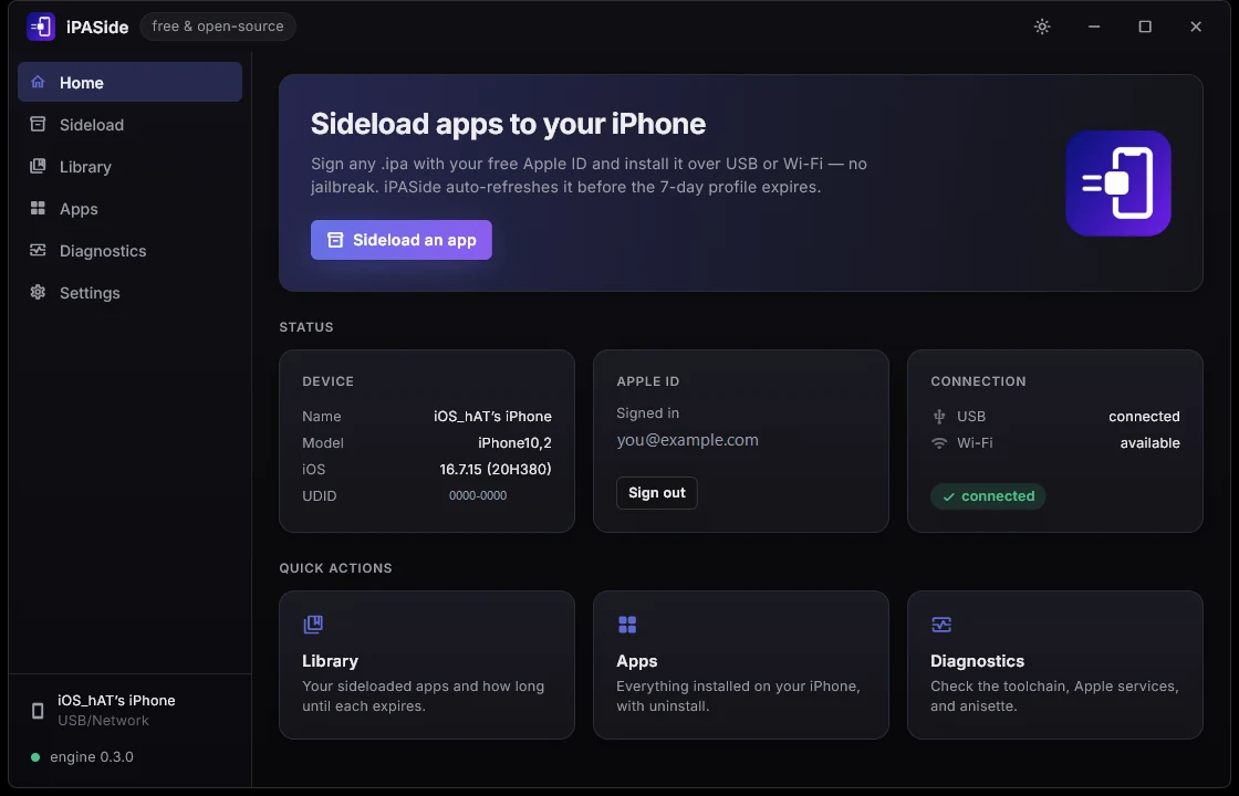 iPASide's Home screen: the connected iPhone's name, model and iOS version, the signed-in Apple ID, and which transports the phone is reachable over