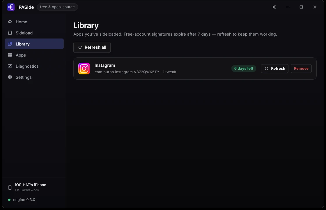 The Library: every sideloaded app with a countdown to its signature expiry and a button to re-sign it